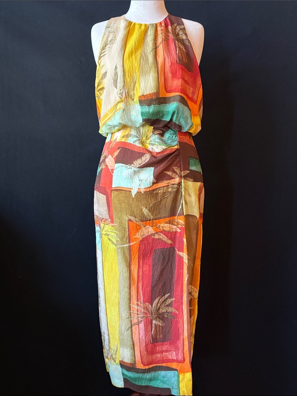 Zara Halter Multicolor Tropical Maxi Dress with Low Back Classy Sexy Large